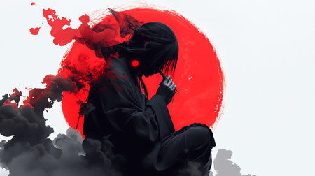 A dark silhouette of a person in a kimono, holding chopsticks, with red and black ink clouds and a red circle behind them.の素材