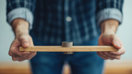 A stack of coins is balanced on a wooden plank, held horizontally by two hands. The wood has a light brown color.の素材