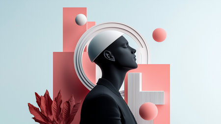 A matte black, androgynous figure in profile with closed eyes, suggesting tranquility. The subject wears a smooth white dome cap and a dark, formal suit jacket.の素材