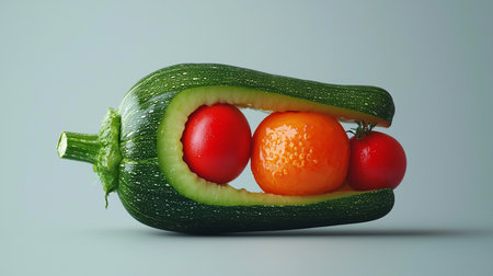 A hollowed-out green zucchini serves as a natural container for two shiny red tomatoes and one dimpled orange, creating a colorful and fresh still life arrangement.の素材
