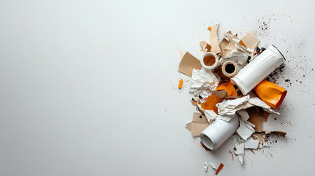 A chaotic assortment of discarded waste, featuring broken plastic, crumpled paper, torn cardboard, and open jars amidst scattered black debris.の素材