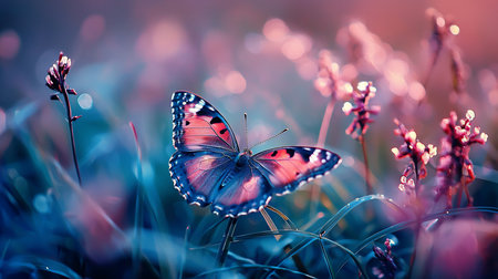 A close-up of a beautiful butterfly with its wings spread open, revealing vibrant pink, red, and blue patterns with black markings and white spots along the scalloped edges.の素材
