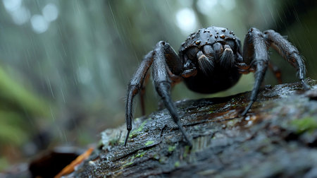 A detailed macro shot of a dark, hairy spider with water droplets clinging to its exoskeleton, resting on a wet, textured tree branch.の素材