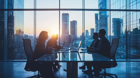 Silhouettes of business professionals in a meeting room, laptops on a table, with a sunset cityscape visible through large windows.の素材