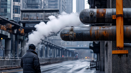 A person viewed from behind in a black winter coat and beanie stands on a wet city street, observing large, rusty pipes emitting white steam.の素材