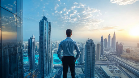 A man in a white shirt and black pants stands with his back to the viewer, hands in pockets, overlooking a cityscape.の素材