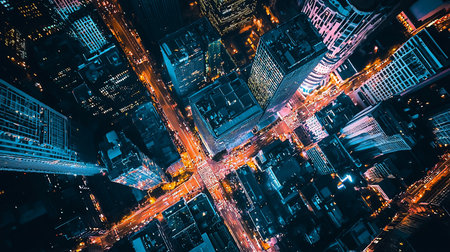 An aerial perspective captures a bustling city at night, showcasing towering, illuminated skyscrapers and glowing traffic streams on busy streets.の素材