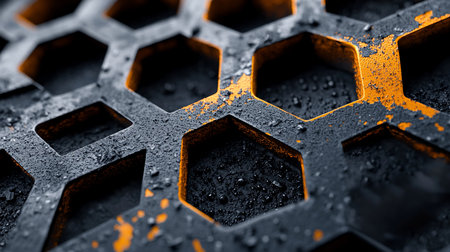 A close-up shot of a metal grate with a hexagonal pattern. The grate features a textured, dark gray surface with orange paint accents. The surface appears wet.の素材