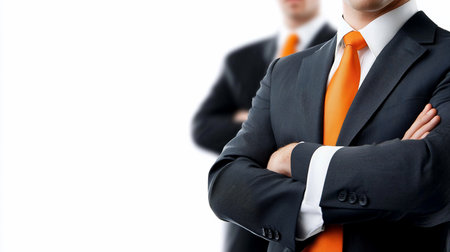 Man in a dark suit and bright orange tie with arms crossed, showing confidence and professionalism. Crisp white shirt cuffs are visible.の素材