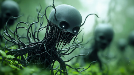 A dark, humanoid creature with a smooth, gray head and glowing white eyes. Its face is composed of intricate, root-like structures.の素材