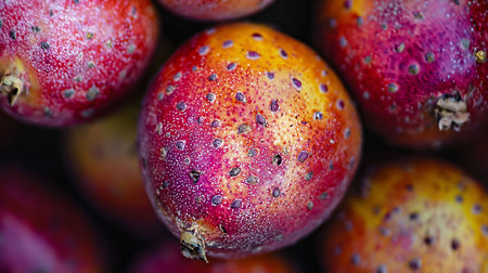 Detailed view of a pitaya fruit, featuring a vibrant red, yellow, and purple speckled skin with small, dark spots and a textured surface.の素材