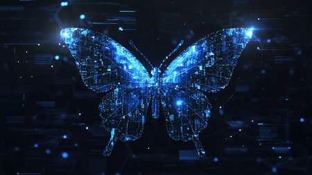A butterfly shape is formed from glowing blue circuitry, data streams, and interconnected nodes, creating a futuristic, technological aesthetic.の素材