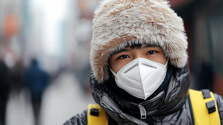 A person with dark eyes wearing a protective white face mask, a black winter jacket, and a light brown, furry hat with frost on it, carrying a yellow backpack.の素材