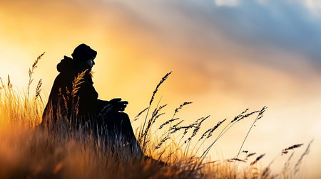A dark silhouette of a person sitting in profile, wearing a hooded jacket or cloak. The figure is seated in tall grass, with hands resting near their lap in a calm pose.の素材