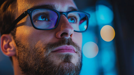 A detailed close-up of a man's face with a beard and glasses. He looks up thoughtfully, his skin textured by warm light and his eyes reflecting a cool blue glow.の素材