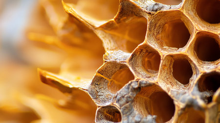 A macro shot of a honeycomb reveals intricate hexagonal cells with cracked, golden-brown walls, showcasing natural patterns and textures.の素材