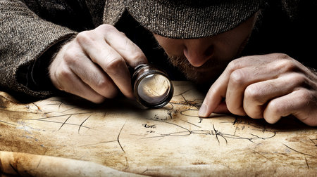 A man, wearing a tweed cap, examines a map with a magnifying glass. His finger points at a specific location on the aged parchment.の素材