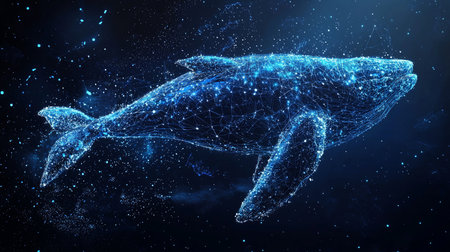 A glowing blue whale is depicted as a digital network, with interconnected lines and points forming its shape.の素材