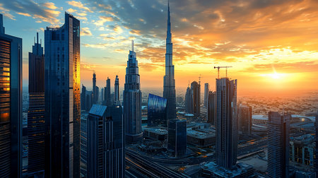 A view of Dubai's skyline featuring modern skyscrapers, including the Burj Khalifa, with a vibrant sunset in the background.の素材