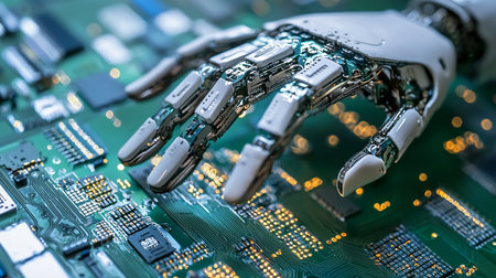 A close-up of a robotic hand with white, smooth exterior and intricate internal mechanisms, resting on a green circuit board. The hand's fingers are extended.の素材
