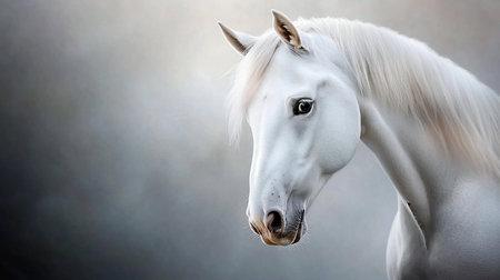 A stunning pure white horse shown in profile, with its head slightly bowed. The animal has a smooth coat, a long white mane, and a calm, expressive eye.の素材