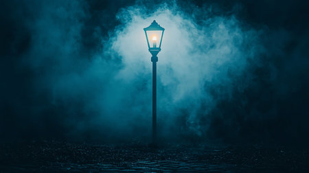 A tall, dark, classic-style lamppost stands upright, emitting a warm, bright glow from its single bulb.の素材