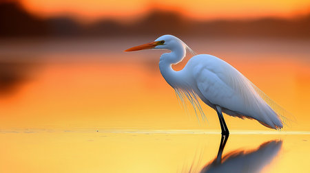 A pristine white heron stands in shallow water, showcasing its long neck and orange beak. The bird's feathers are detailed.の素材