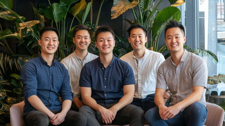 A group of five young Asian men, dressed in casual shirts and jeans, are seated and smiling at the camera.の素材