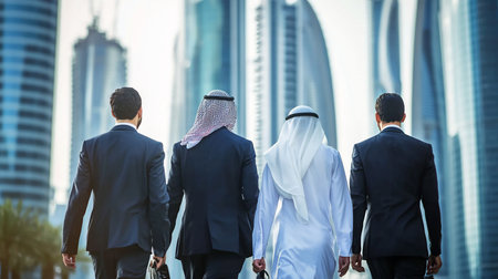 Four men walking forward, viewed from behind. Two wear dark suits, two wear traditional white thobes and ghutras with agals. One carries a briefcase.の素材