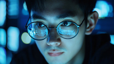 Close-up of an Asian man wearing round glasses, reflecting blue digital code. His eyes are focused, and he has a slight mustache.の素材