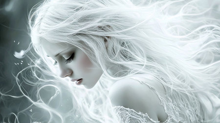 A woman with long, flowing white hair, delicate features, and a lace-trimmed garment, looking downwards with a serene expression.の素材