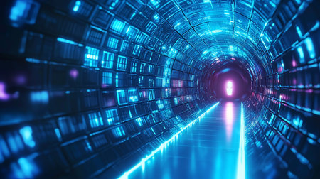 A long, curved tunnel with blue glowing panels and a pink light at the end, creating a futuristic and technological appearance.の素材