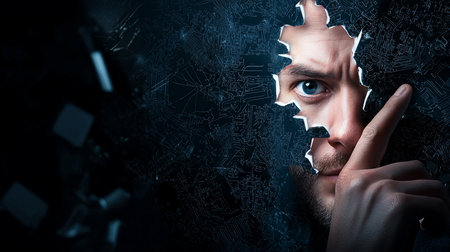 A man's face is partially visible through a jagged tear in a dark, circuit-like surface, with his finger raised in a gesture.の素材