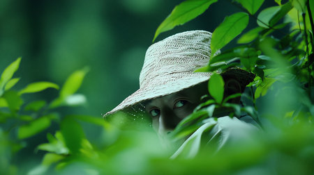 A person's face, partially hidden by a textured straw hat, with intense, watchful eyes peeking through the brim.の素材