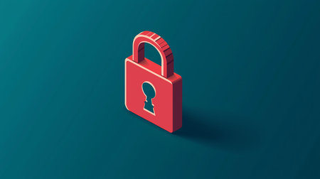 A 3D isometric illustration of a bright red padlock featuring a classic keyhole, casting a subtle shadow on a deep teal surface.の素材