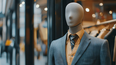 A mannequin torso wears a gray suit, a yellow collared shirt, and a striped tie in a retail display.の素材