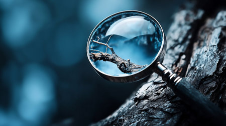 A magnifying glass with a metallic rim and dark handle focuses on a dry, textured twig and rough bark.の素材