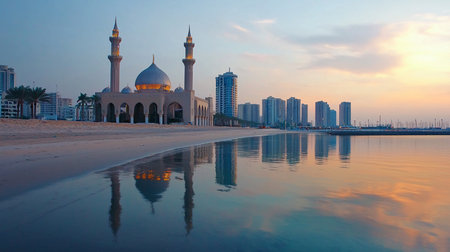Grand mosque structure showcasing a prominent dome, two tall pointed minarets, and an elegant facade with multiple arches.の素材