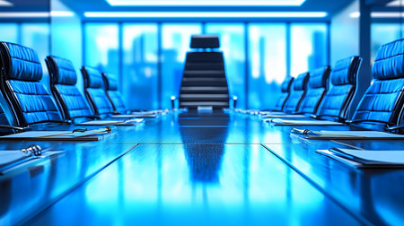 A long, reflective blue conference table with leather chairs arranged around it, papers and pens are placed on the table.の素材