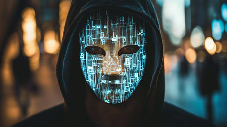 A mysterious figure in a dark hoodie, featuring a glowing blue digital circuit pattern mask. Intense human eyes gaze directly forward.の素材