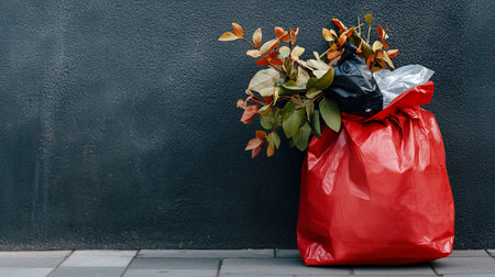 A bright red plastic bag overflowing with green and orange autumn leaves and branches, with black and white bags visible inside.の素材