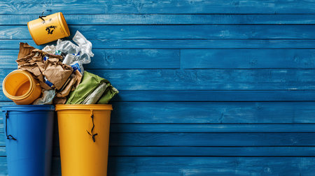 Two recycling bins, blue and yellow, overflowing with mixed waste: paper, plastic, and other materials, with a yellow bin lid on top.の素材
