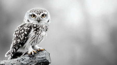 A little owl with spotted feathers and intense yellow eyes perches on a textured wooden branch, looking directly at the viewer.の素材