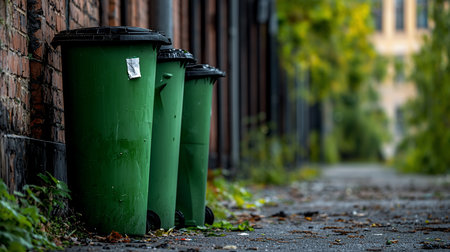 Three tall, cylindrical green plastic recycling bins with black domed lids and small wheels. The bins are wet, showing water droplets, scratches, and a crumpled label.の素材