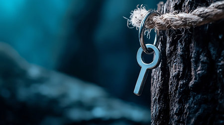 A shiny silver key hangs from a rope, attached to a textured wooden surface. The key is smooth and reflective.の素材