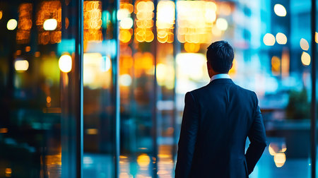 A man in a dark, tailored business suit jacket and white shirt, standing with his back to the camera, looking forward.の素材