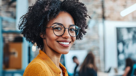 A smiling woman with curly hair, wearing glasses and a yellow sweater. She is looking at the camera.の素材