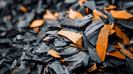 A close-up view of irregularly shaped, broken fragments with distinct textures, featuring a striking contrast between dark gray and vibrant orange hues.の素材