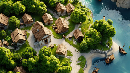 A picturesque miniature village featuring numerous rustic houses with textured wooden roofs, lush green trees, winding cobblestone paths, and small wooden boats on blue water.の素材