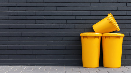 Three yellow plastic trash bins, two upright and one tilted, with lids, against a dark gray brick wall. The bins are cylindrical.の素材